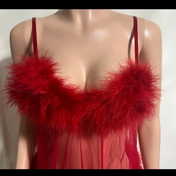 Red Sheer Feather Trim Babydoll - Picture 4 of 8